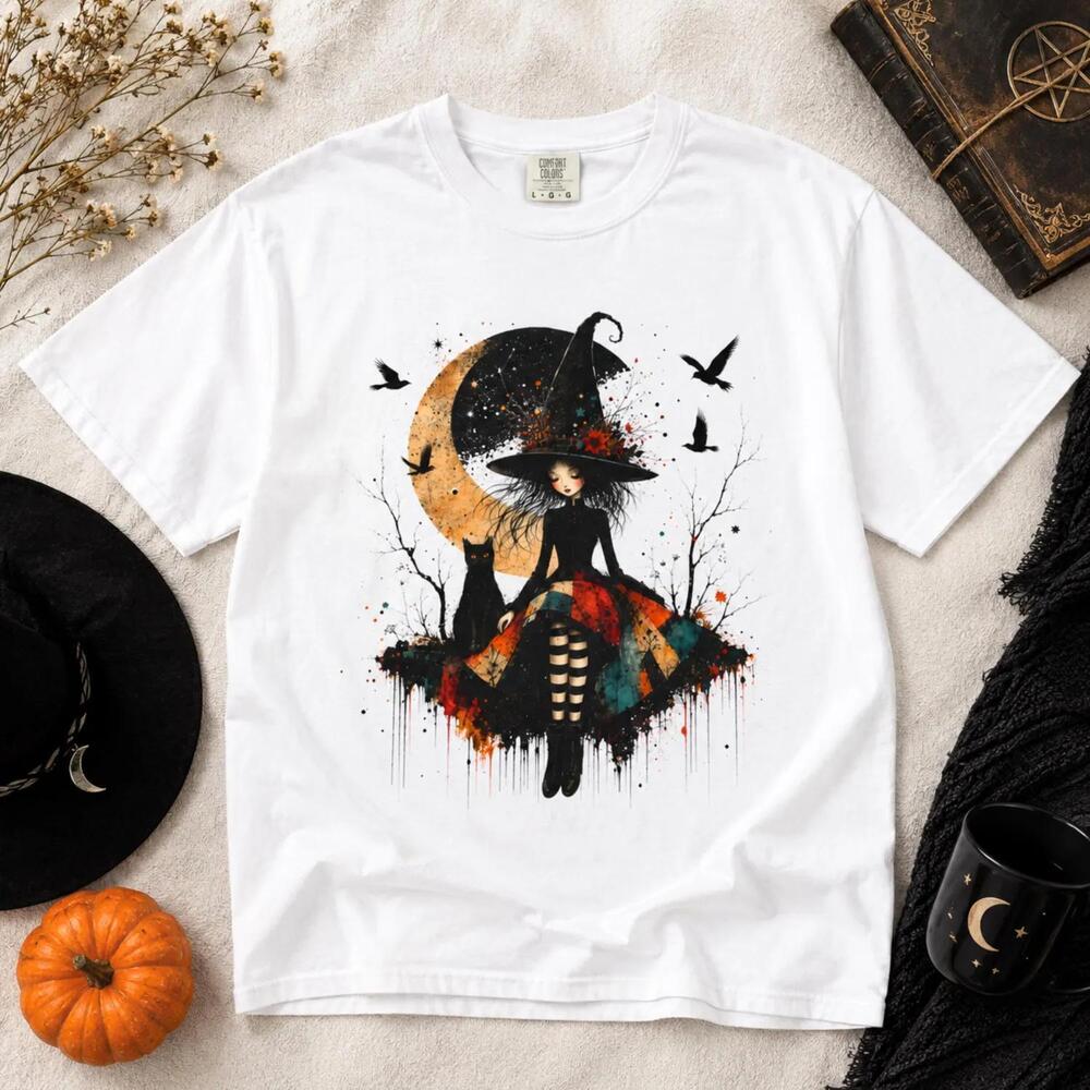 Witch Halloween Shirt, Black Cat Graphic Tee, Gothic Fall T Shirt,